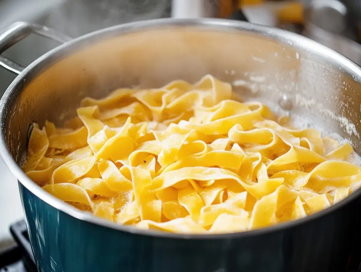 Szeroki makaron tagliatelle gotuje się w bulgoczącej wodzie. Idealny przykład, jak ugotować makaron al dente.